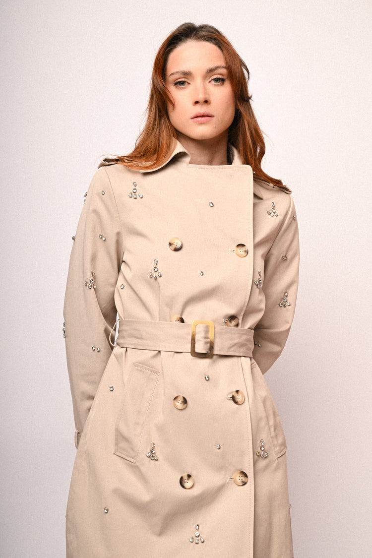 Trench doppiopetto con decorazione strass