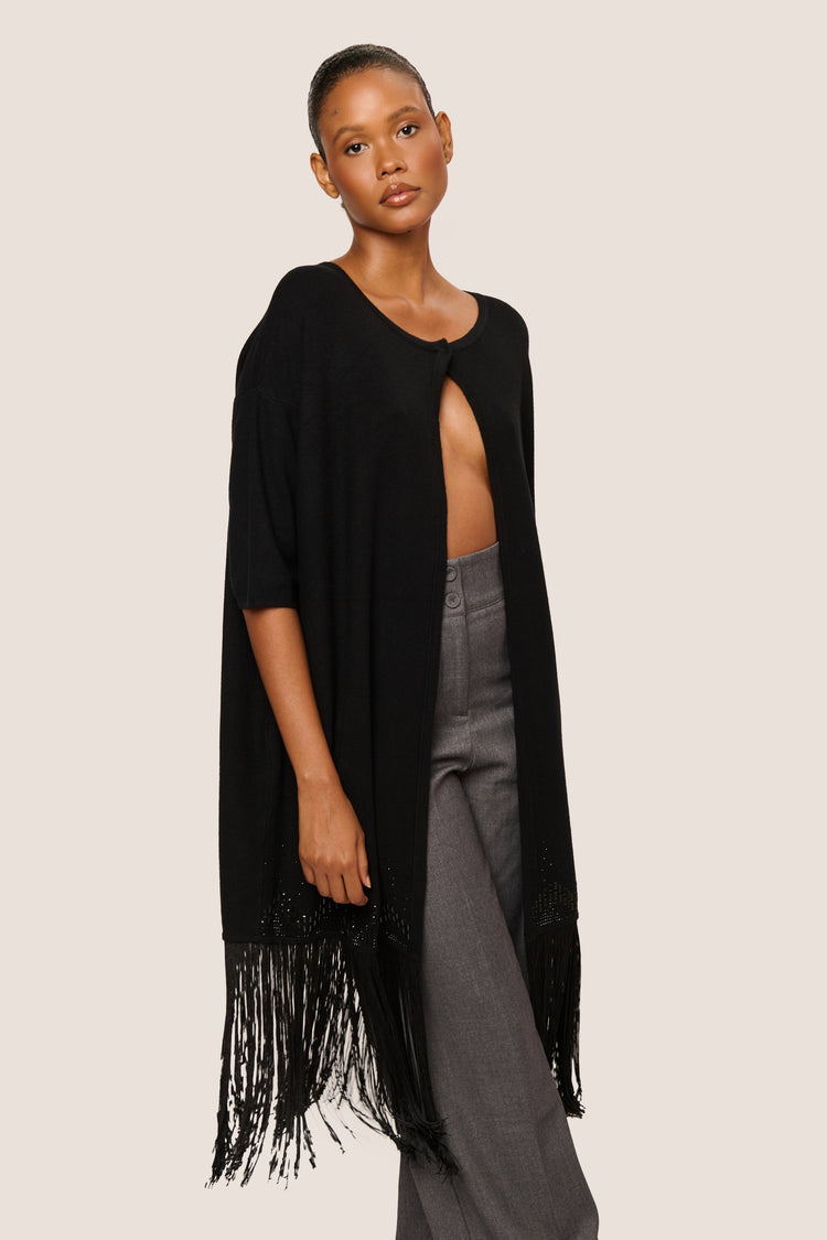 Cardigan lungo con strass e frange
