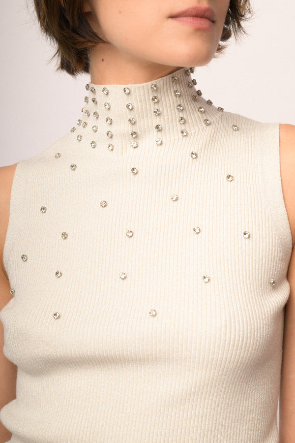 Maglia smanicata con strass lurex