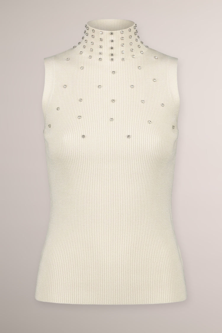 Dolcevita senza maniche in maglia avorio con strass