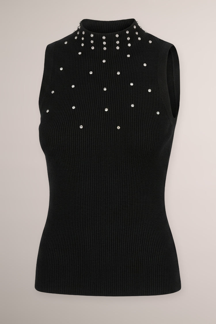 Dolcevita senza maniche in maglia nera con strass