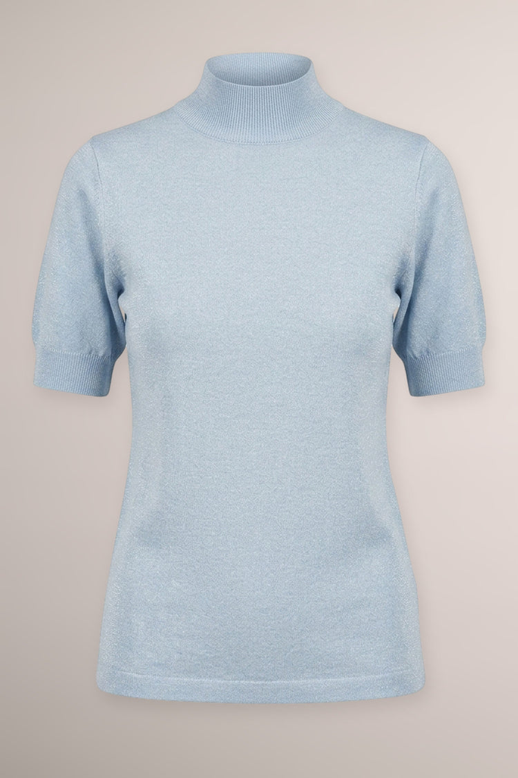 Lupetto a maniche corte in maglia lurex celeste