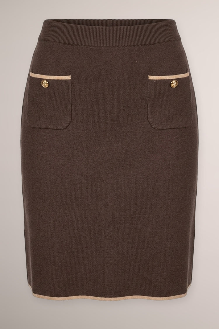 Gonna in maglia cioccolato con tasche e profili lurex