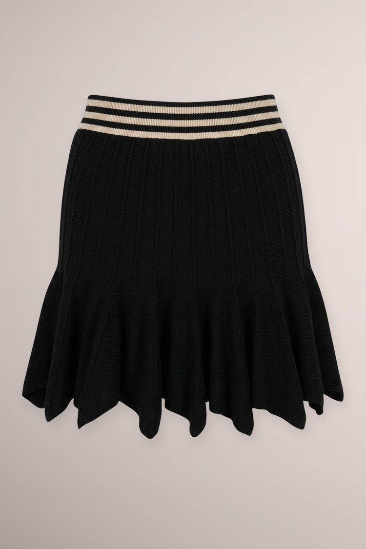Minigonna in maglia nera a pieghe con righe alla vita