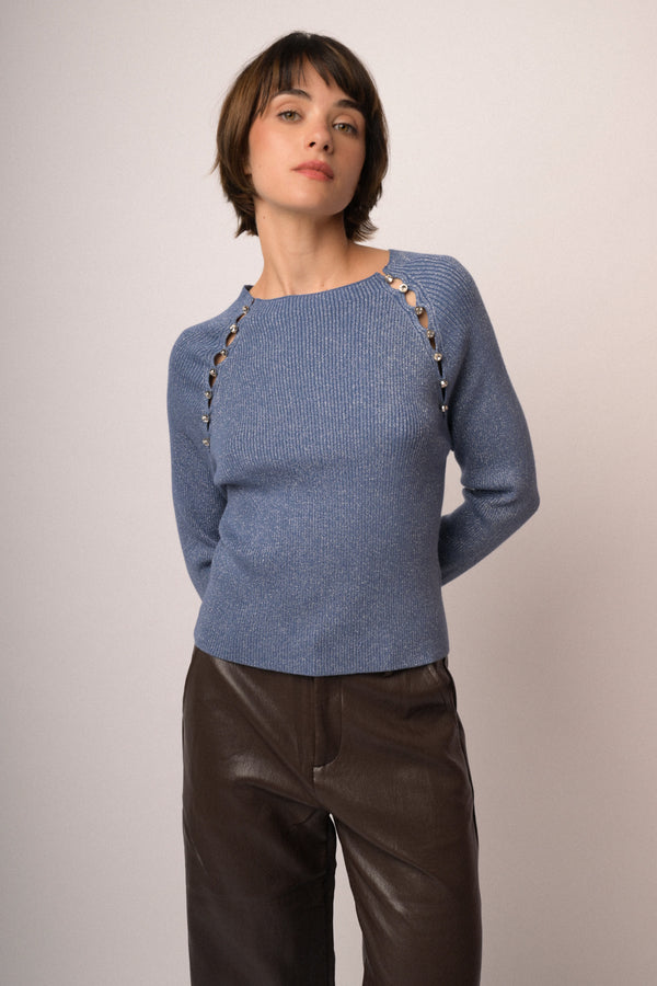 Pull in maglia lurex carta da zucchero con bottoni decorativi