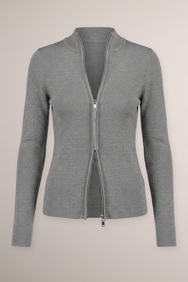 Cardigan in maglia lurex grigia con zip