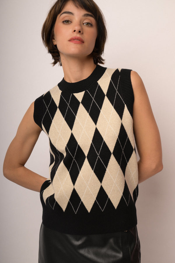 Top in maglia lurex a rombi beige/multicolor
