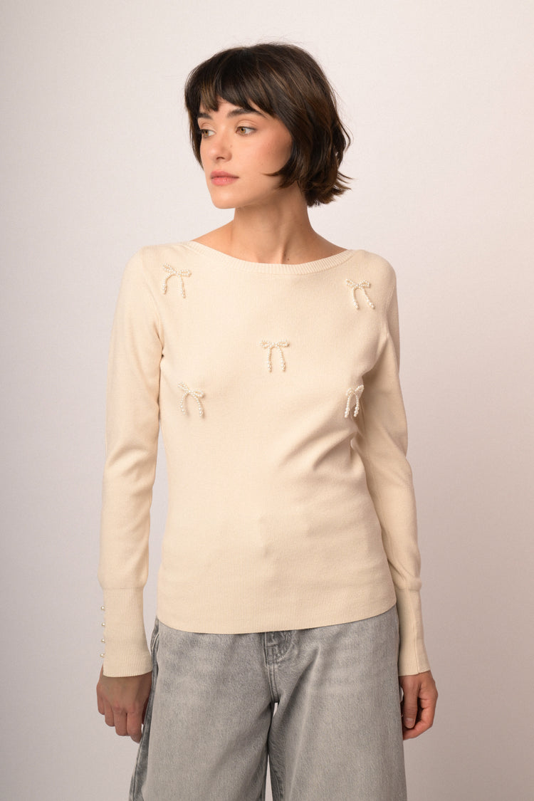 Maglia shiffer con fiocchi perline