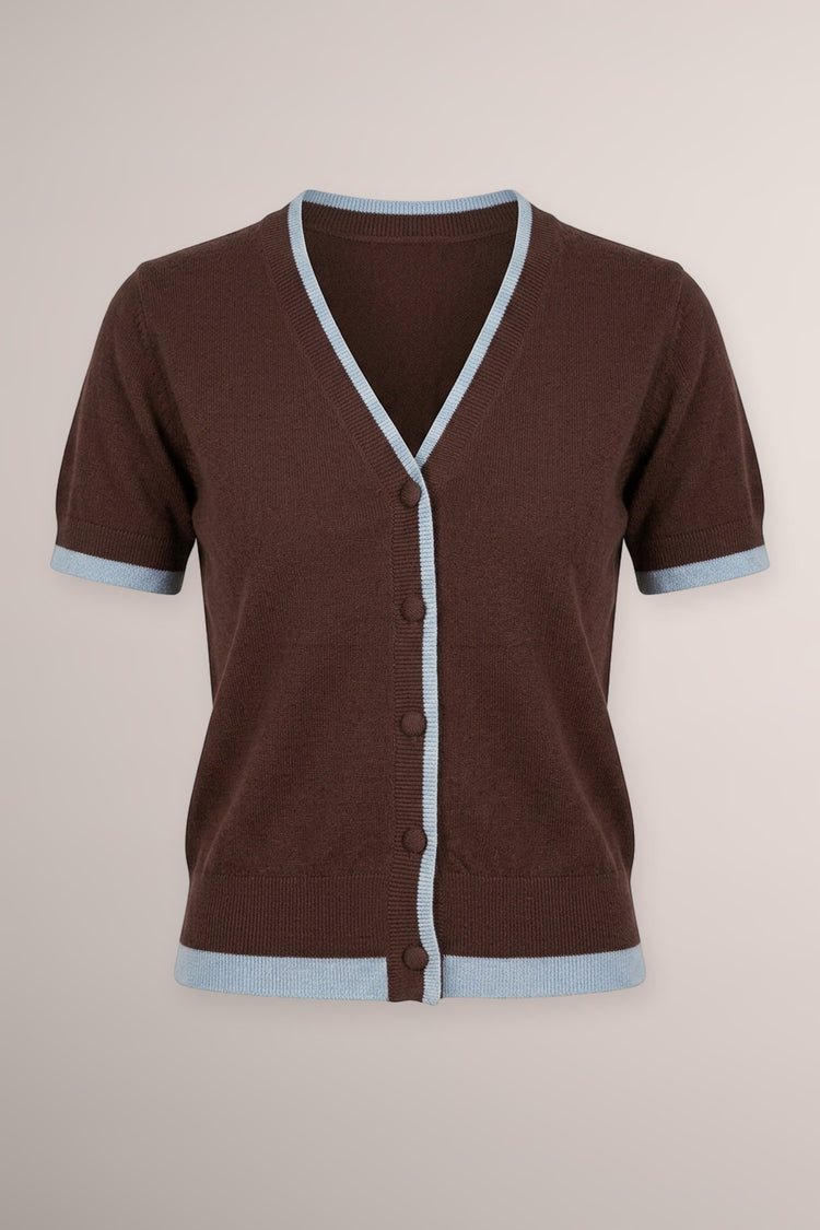 Cardigan in maglia cioccolato con profili lurex