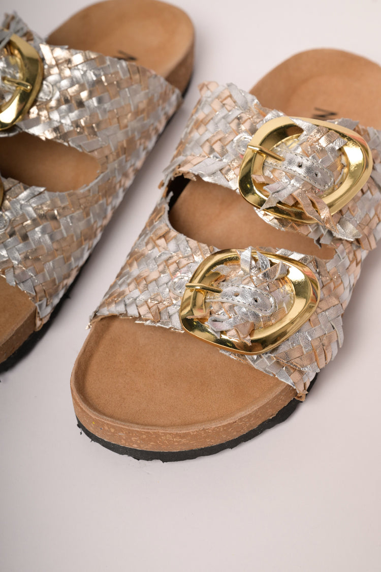 Sandali slides flat in pelle intrecciata argento