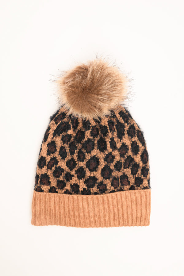 Cappello animalier con pon pon cammello-nero