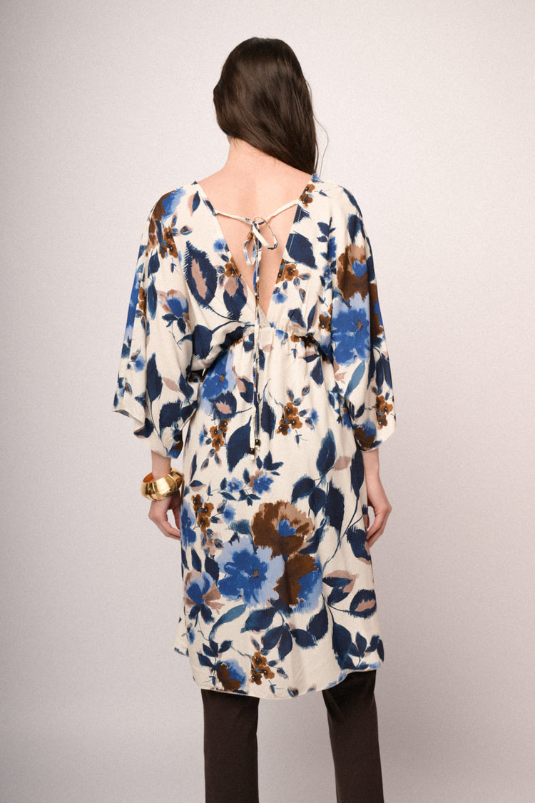 Abito corto a kimono con stampa floreale multicolor