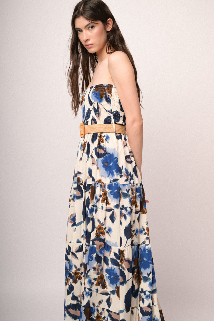 Abito lungo a punto smock con stampa floreale multicolor