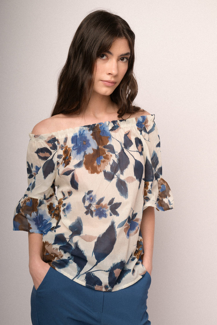Blusa a spalle scoperte con stampa floreale multicolor