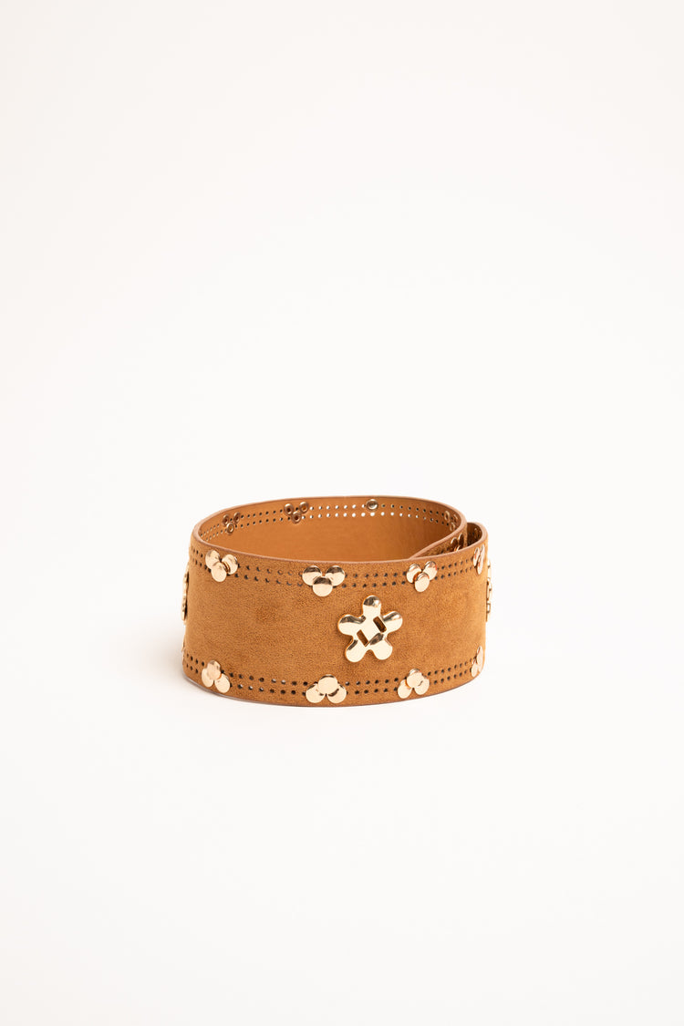Cintura da annodare in faux suede cognac con decorazione a fiori
