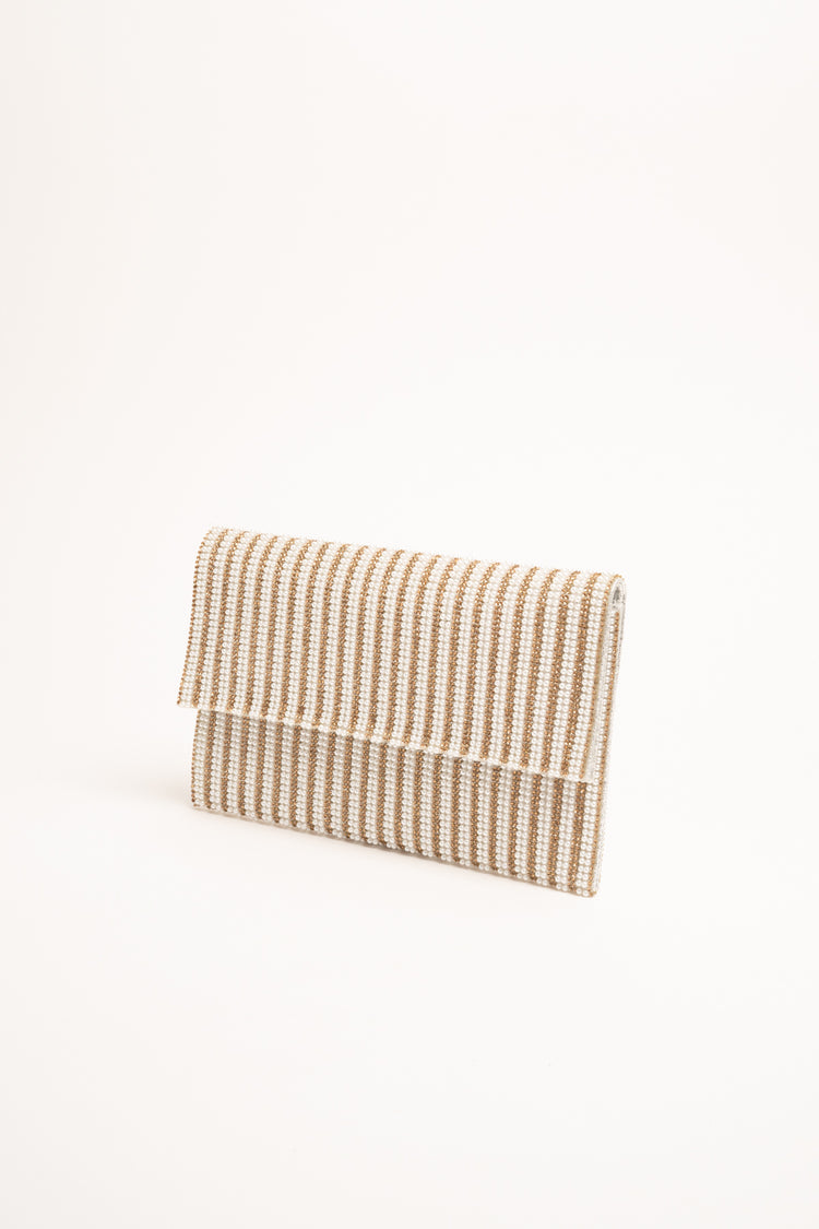 Pochette a righe con perline e strass oro e bianco