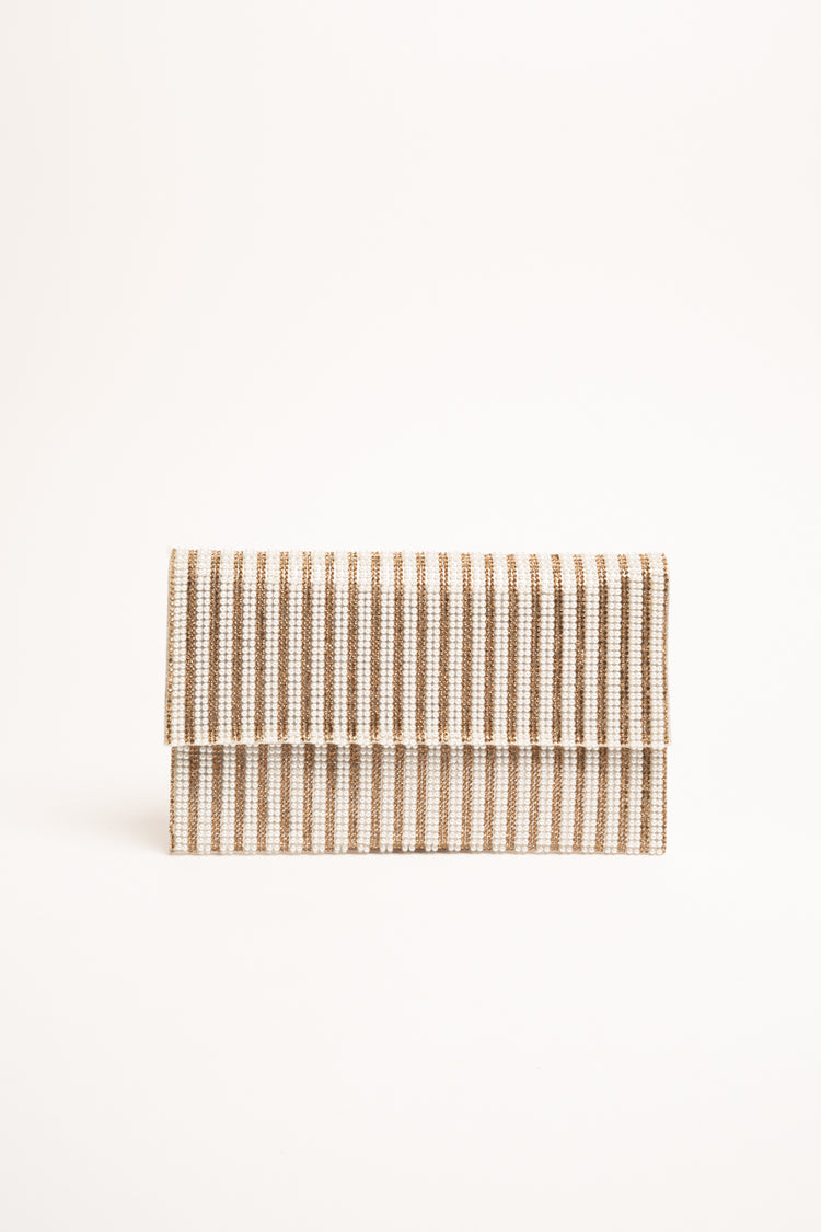 Pochette a righe con perline e strass oro e bianco