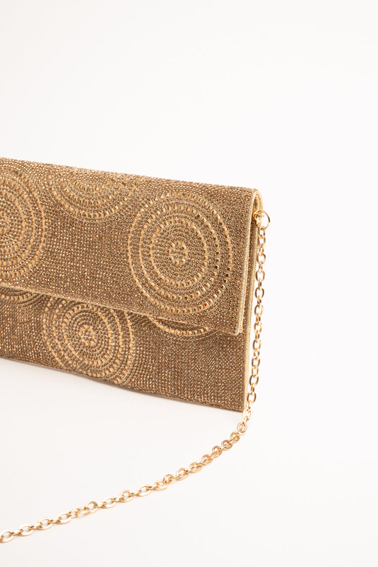 Pochette in strass con decorazione cerchi oro