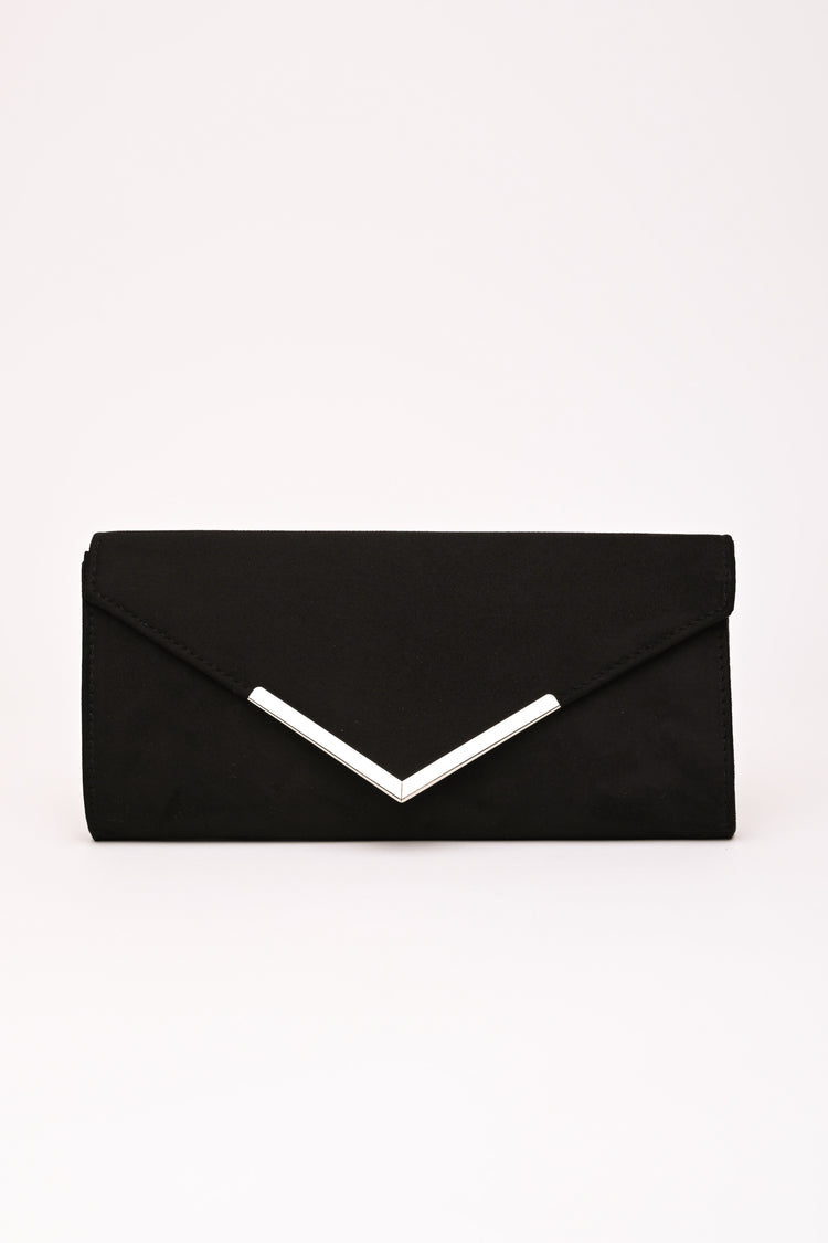 Pochette in faux suede con placca a V