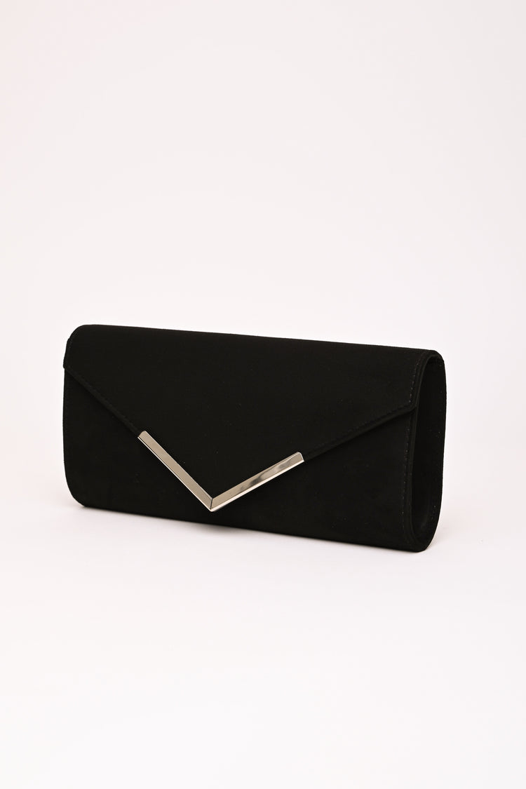 Pochette in faux suede con placca a V