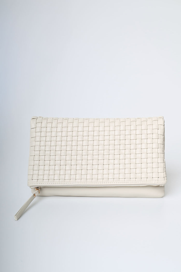 Pochette in similpelle intrecciata avorio con zip