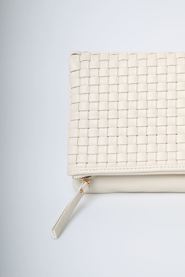 Pochette in similpelle intrecciata avorio con zip