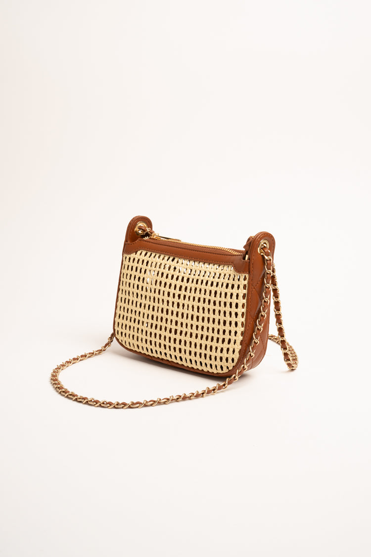 Borsa in paglia beige e cuoio con pochette interna