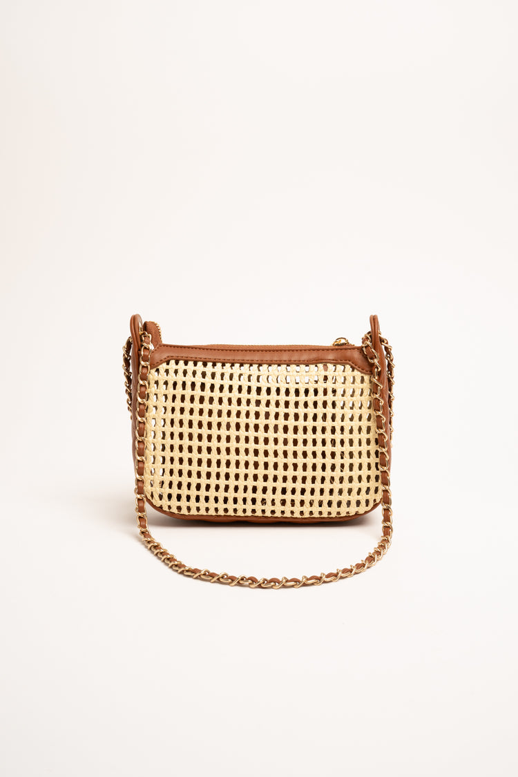 Borsa in paglia beige e cuoio con pochette interna