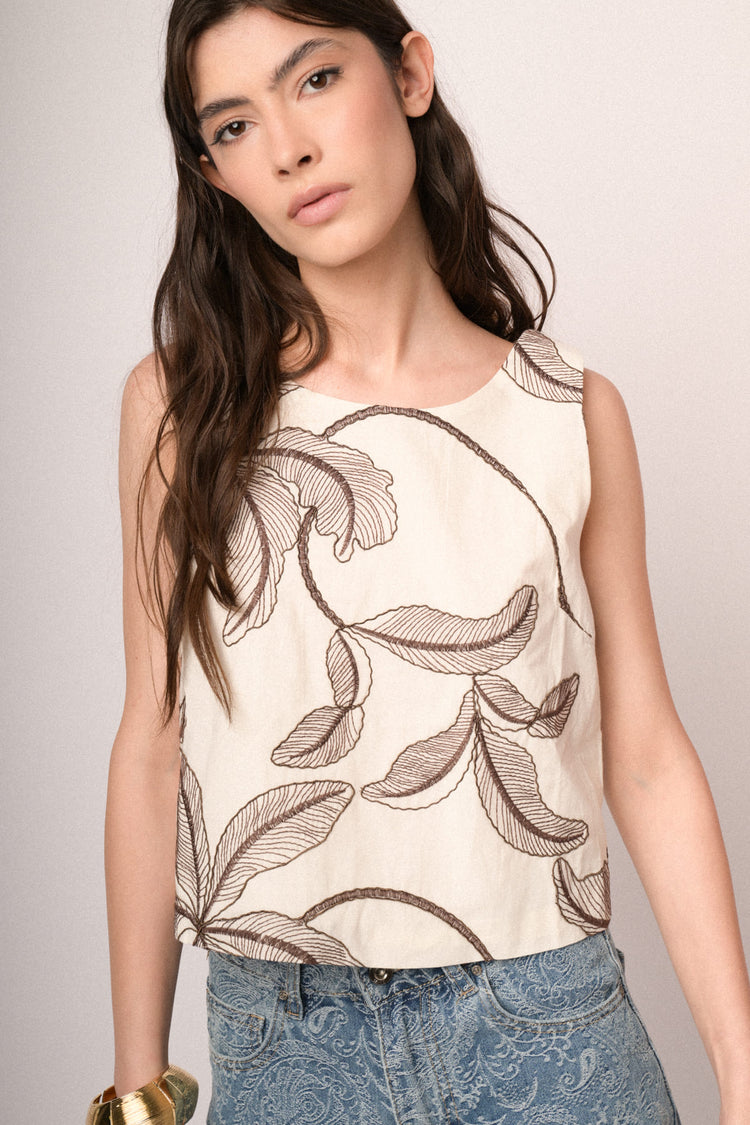 Top cotone fantasia ricamo palm