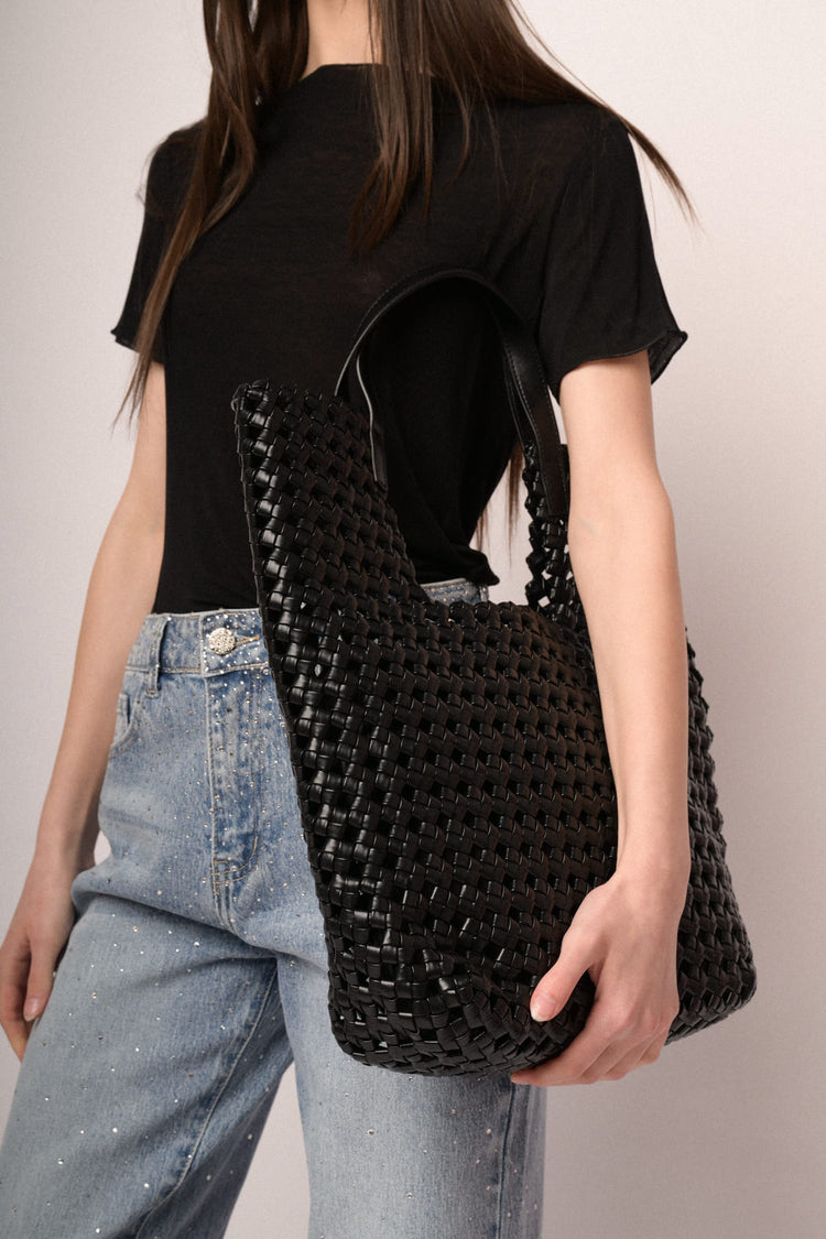 Borsa tote grande in similpelle intrecciata nera