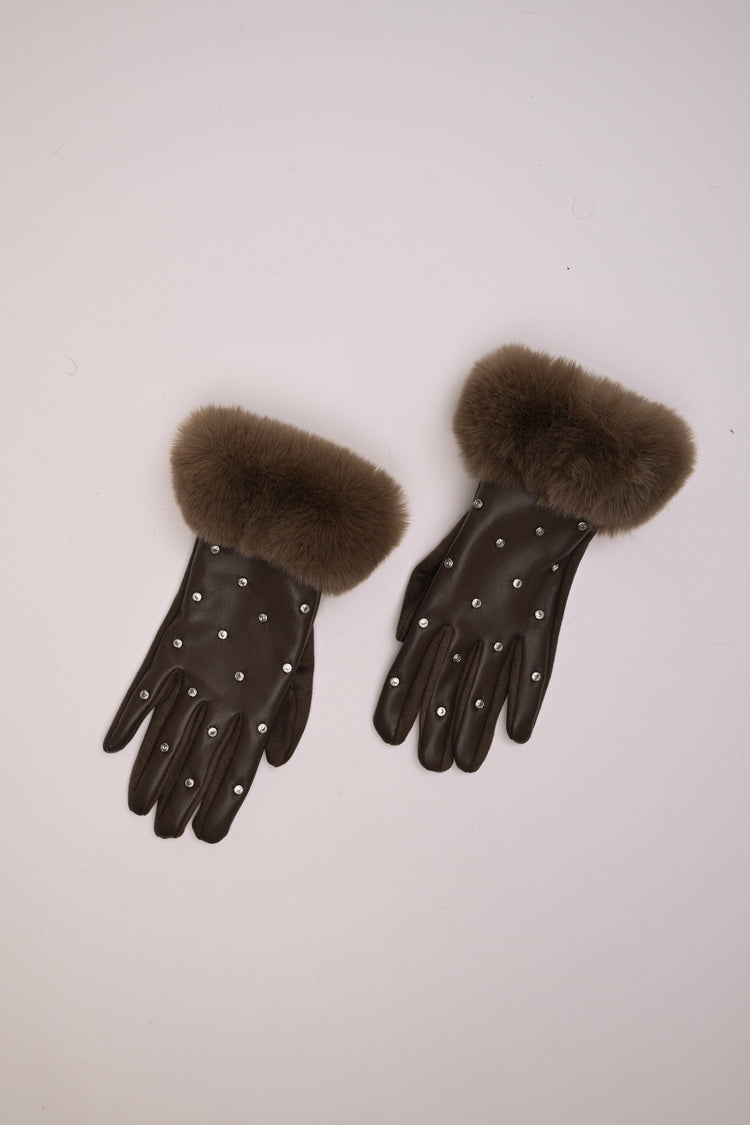 Guanti in similpelle con polsini in faux fur e strass